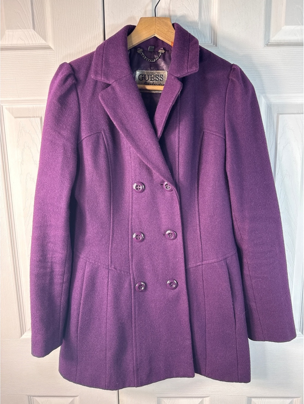 Guess Purple Wool Blend Double Breasted Coat Size S